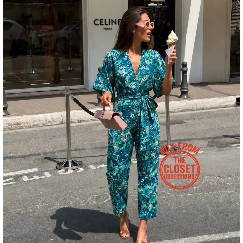 Zara NWT Blue Paisley Belted Wide Leg Jumpsuit S
